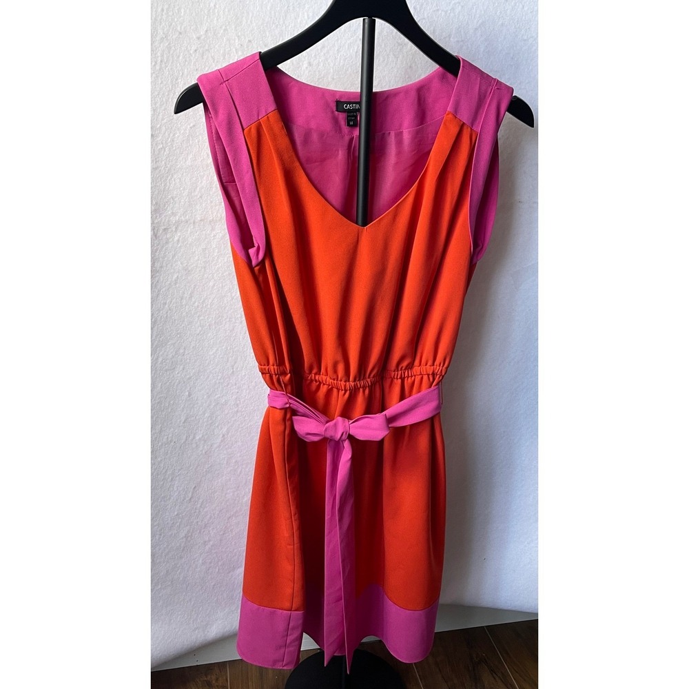 Casting Women Orange Pink Colorblock V-Neck Belted Mini Dress Size M Style 14745